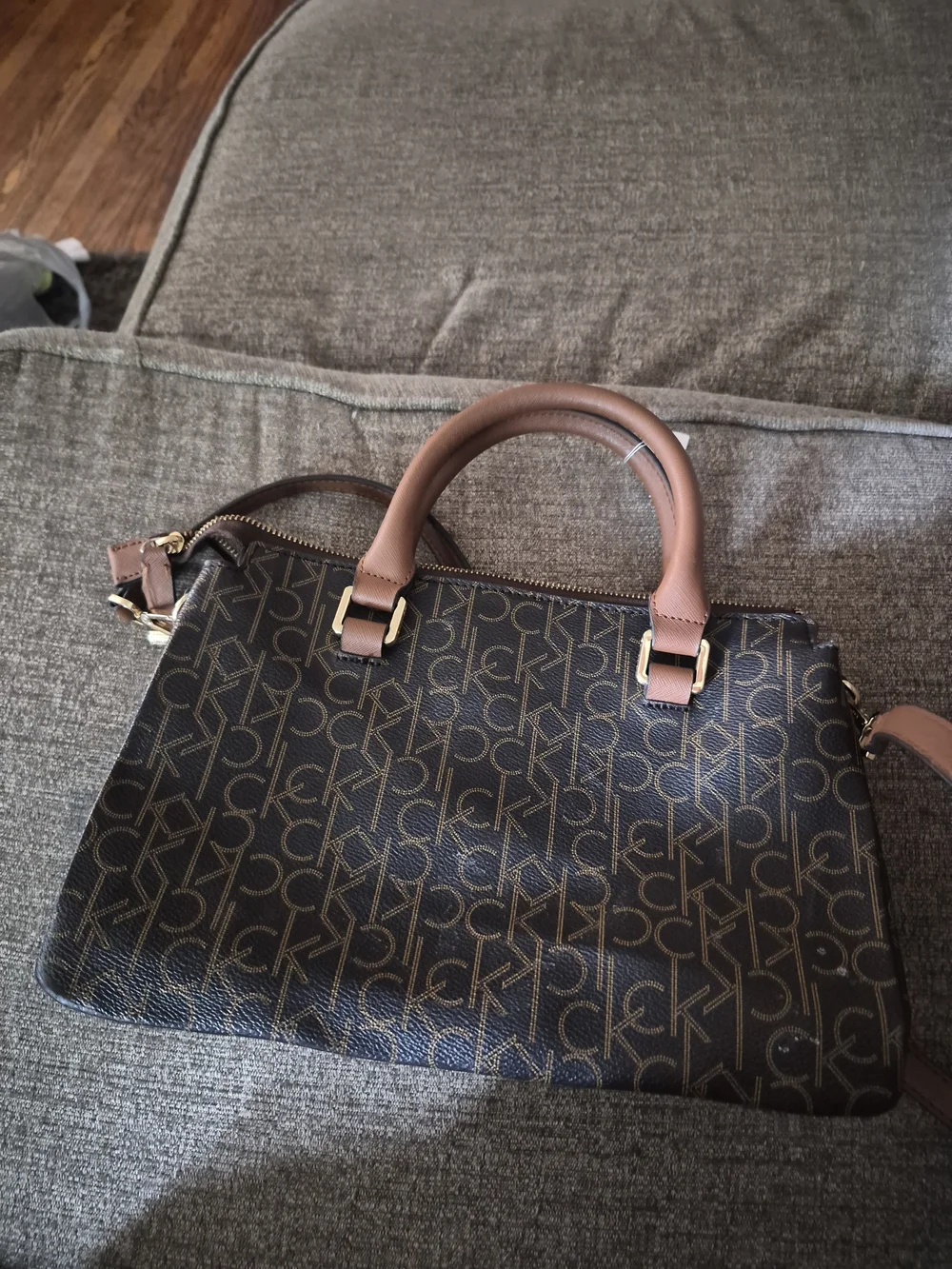 Calvin Klein Brown Monogram Satchel with Gold Chain and Tan Trim